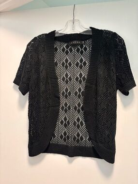 Black Open-Knit Short Sleeve Sweater Cardigan by Laverna
